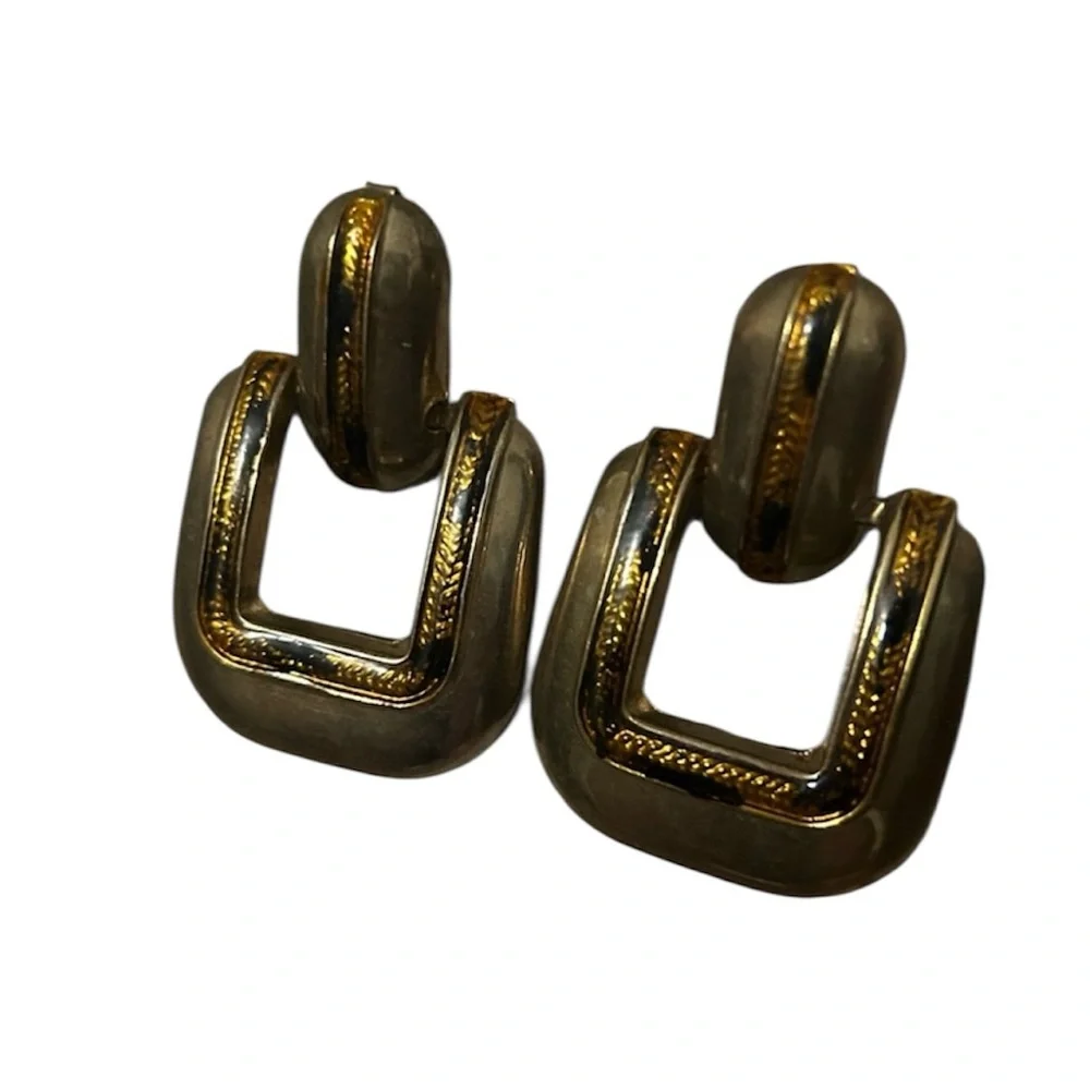Vintage Door Knocker Earrings Square Gold Tone Clip On Retro Jewelry